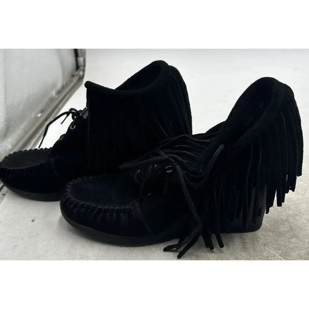 MINNETONKA Womens Black Suede Fringe WEDGE Booties Size 8.5 LACE Up